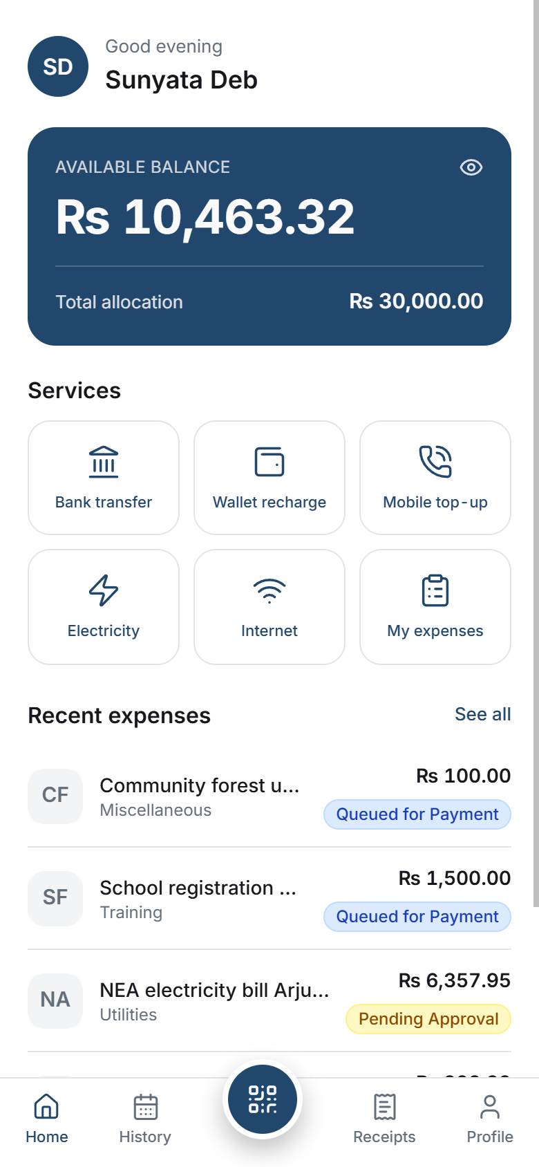 Kharchai app home screen with wallet balance, services, and recent expenses