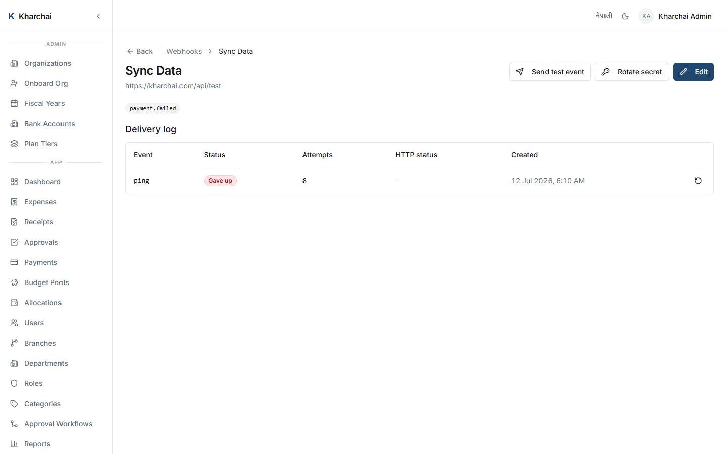 Webhook endpoint with its delivery log