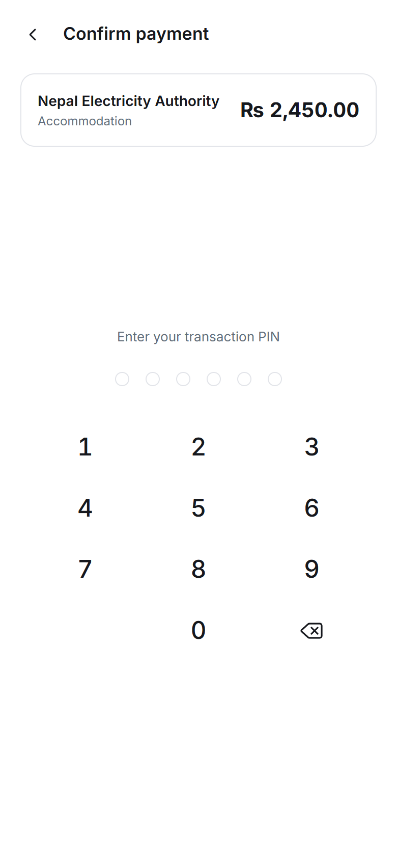 Payment confirmation screen with transaction PIN pad