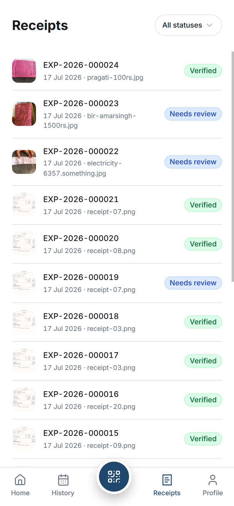 Receipts list showing statuses like verified and needs review