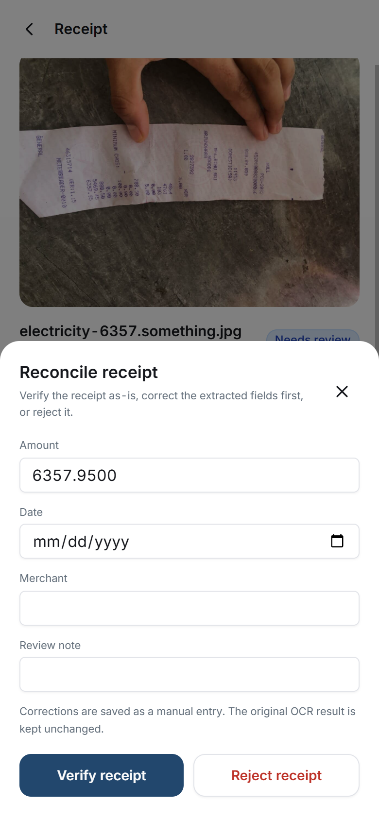 Reconcile popup where a reviewer verifies or corrects a receipt