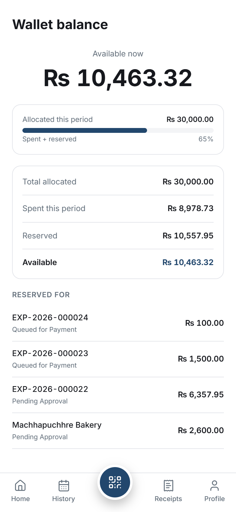 Wallet screen showing allocated, spent, reserved, and available amounts